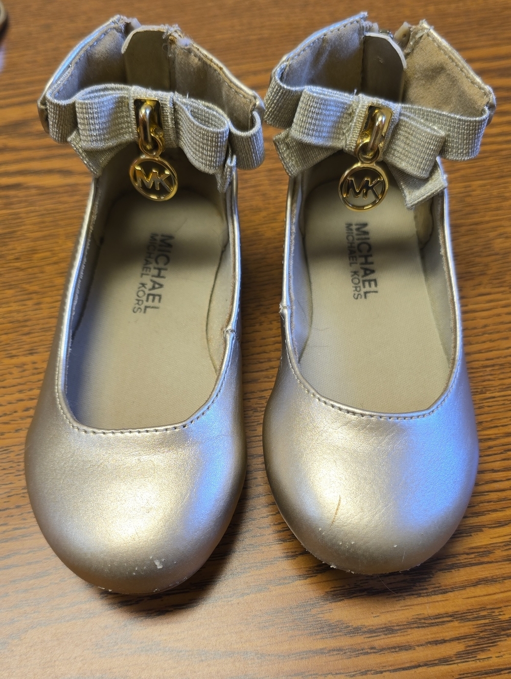 Michael Kors Girls' Gold Metallic Mary Jane Flats with Bow and MK Charm